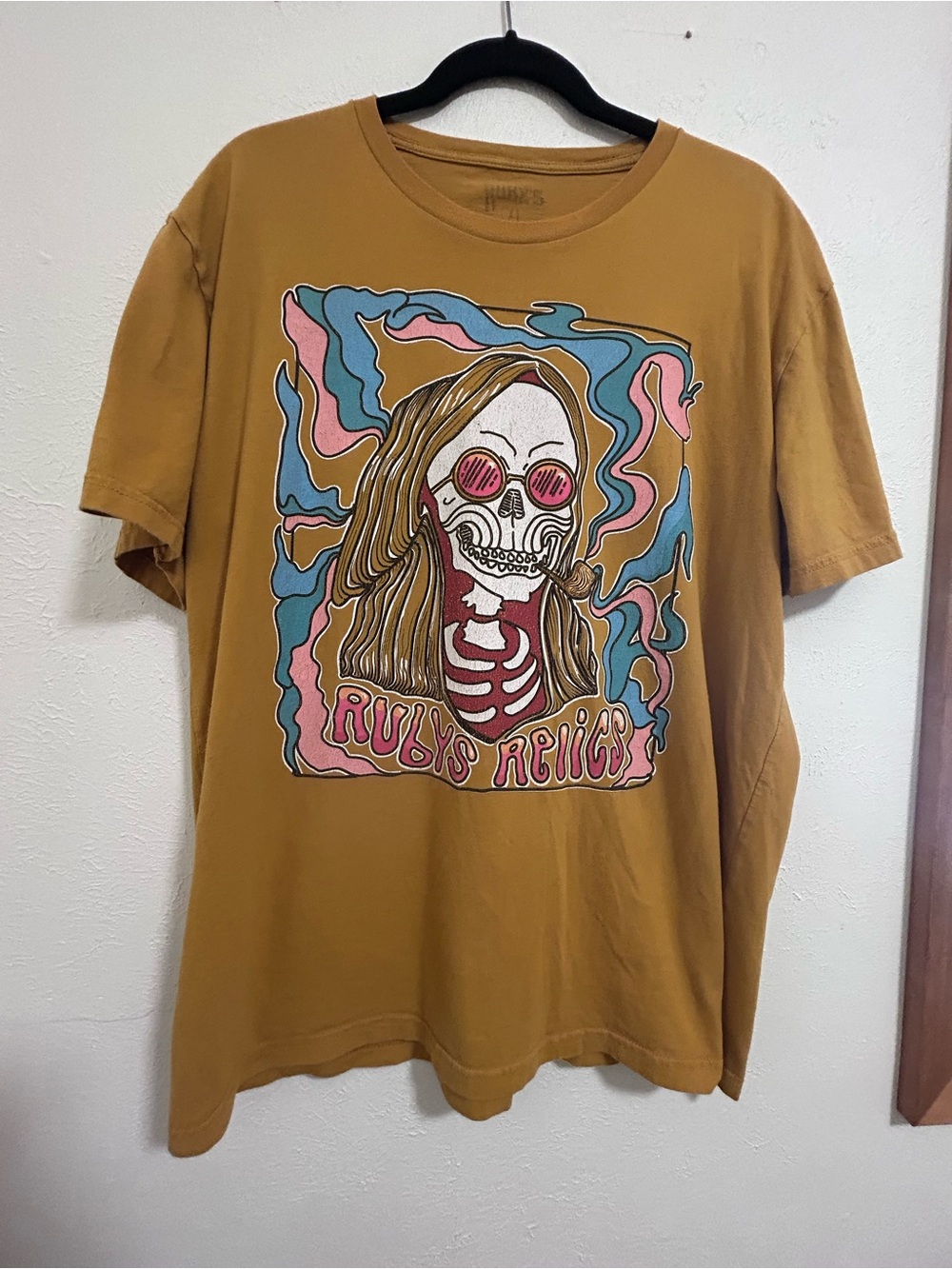 Ruby’s Relics Tee in Mustard with Pink & Blue Accents